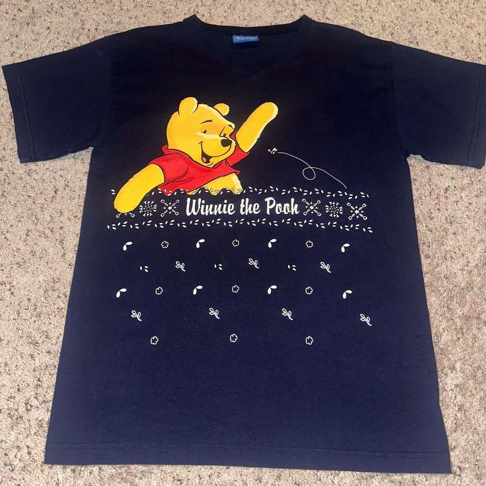 Vintage Disney Winnie the Pooh Navy Blue V-Neck Graphic T-Shirt